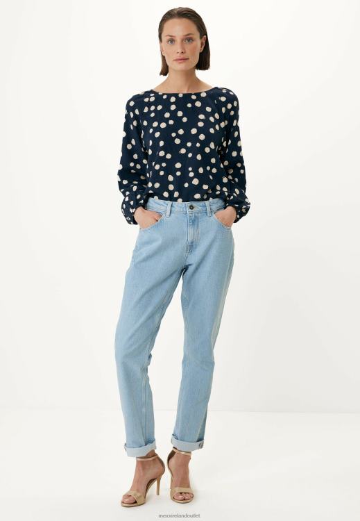 Mexx Blouse Round Pleated Neckline Navy Blue 0T44H62 Women