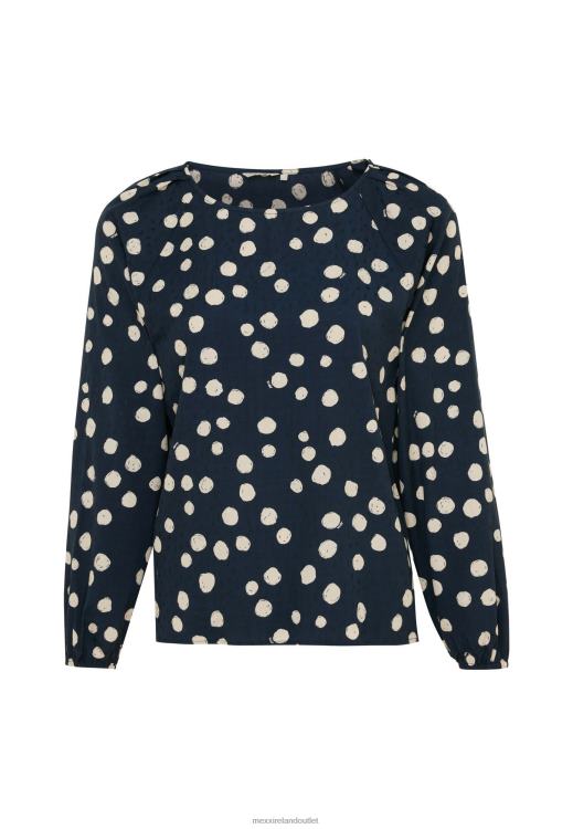 Mexx Blouse Round Pleated Neckline Navy Blue 0T44H62 Women